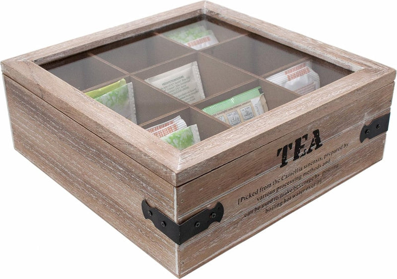 Theedoos grote theebus 24 x 24 x 8,5 cm (L x B x H) Theedoos met 9 vakken Houten theezakjesdoos met deksel in vintage look