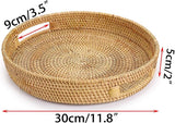 Rotan dienblad met handgrepen Rond geweven rieten dienblad Rieten dienblad Rotan dienblad Decoratieve serveermand Opbergmand voor fruitbrood Koekjes Snoepspeelgoed 30CM