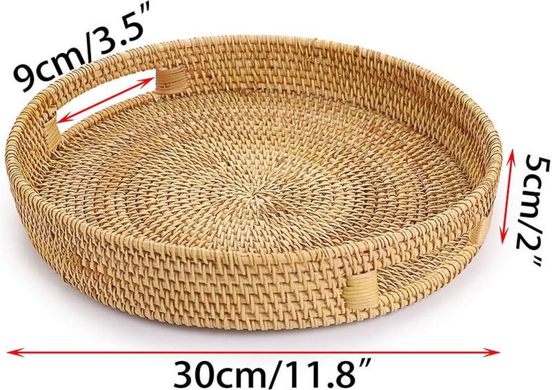 Rotan dienblad met handgrepen Rond geweven rieten dienblad Rieten dienblad Rotan dienblad Decoratieve serveermand Opbergmand voor fruitbrood Koekjes Snoepspeelgoed 30CM