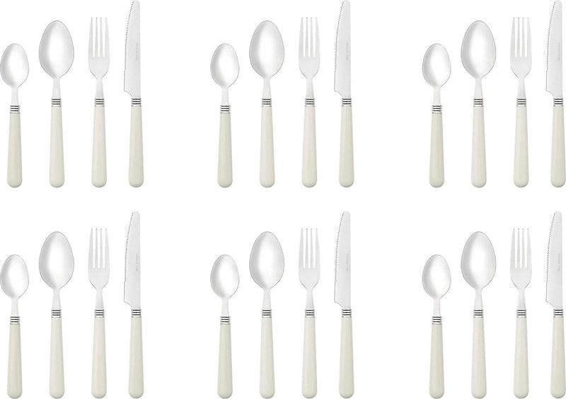 Bestekset voor 6 personen, 24-delige bestekset van roestvrij staal, bestek met kunststof handvat inclusief mes, vork, lepel voor thee of dessert, vaatwasmachinebestendig (wit)