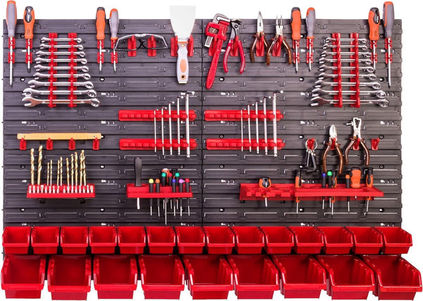 Opslagsysteem wandrek 115x78 cm, gereedschapshouders, 23 stuks. Stapelboxen opbergkast, extra sterke wandplaten, uitbreidbaar rek, werkplaatsrek, magazijnrek, werkplaatswandrek St