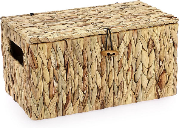 Natuurlijke opbergmand van waterhyacint zeegras, geweven waterdichte opbergkist met deksel in de woonkamer, keuken, kledingkast voor kleding, boeken, groenten, cosmetica, 31 x 18 x 16 cm