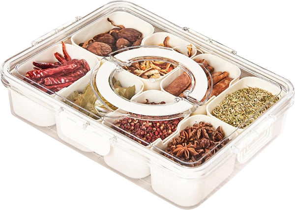 Snackschaal, serveerschaal, snackbord met 8 vakken, snackschaal met deksel, plastic snackbord, fruitbord met deksel, snackopbergdoos voor noten, desserts