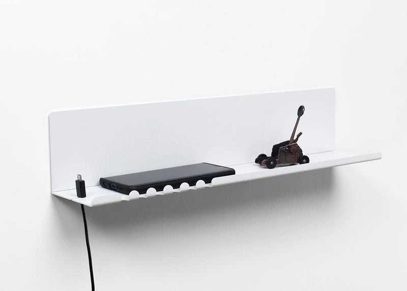 Wandplank 44 x 9 x 9 cm 5 haken en kabelhouder. Hangplank van gepoedercoat plaatstaal. Sleutelrekorganizer en letters voor entree, keuken, kantoor. witte kleur