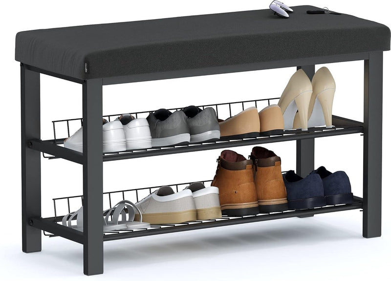 Stabiel schoenenrek met zitbank, ruimtebesparende schoenenbank met 2 roosterplanken, 81 x 50 x 32 cm, mooi gevormde schoenenkast voor hal, woon- en slaapkamer met bescherming tegen krassen op