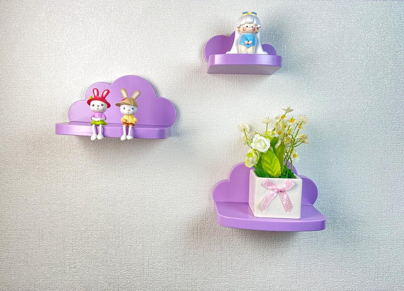 Wandrek, zwevend rek, set van 3, hangend, creatief voor slaapkamer, woonkamer, keuken en hal, wolken, wandplank, klein formaat, wolken, klein formaat, paars