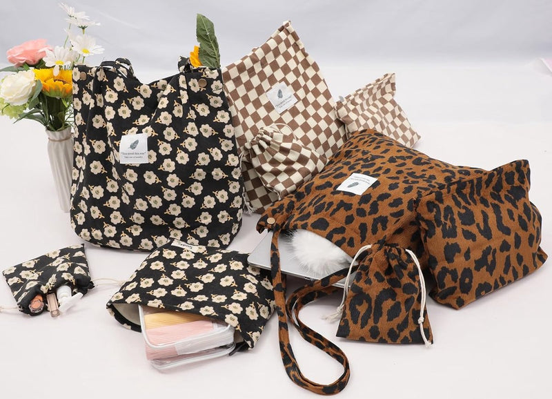 Corduroy tas voor dames, 3 stuks, corduroy tas, set, handtas, dames, reizen, toilettas, shopper, tas, dames, schoudertas, trekkoord