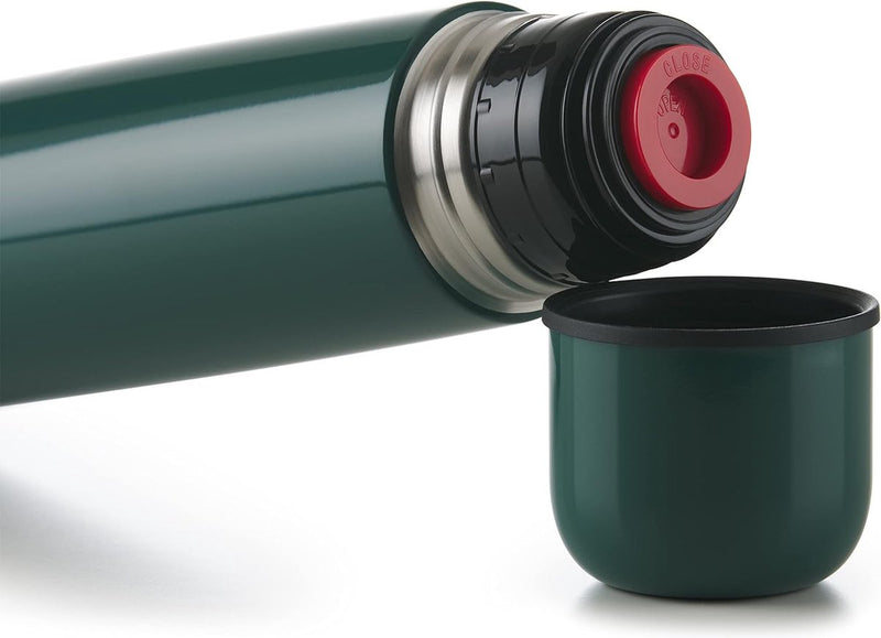 Thermosfles, 1 l, van roestvrij staal, lekvrije thermoskan met drinkbeker voor onderweg, isolatie van warme dranken, donkergroen