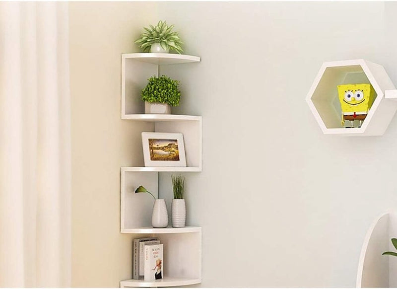 Wandgemonteerde hoekplanken, klassieke radiale hoekwandplank met 5 lagen voor opslag, boekenkast