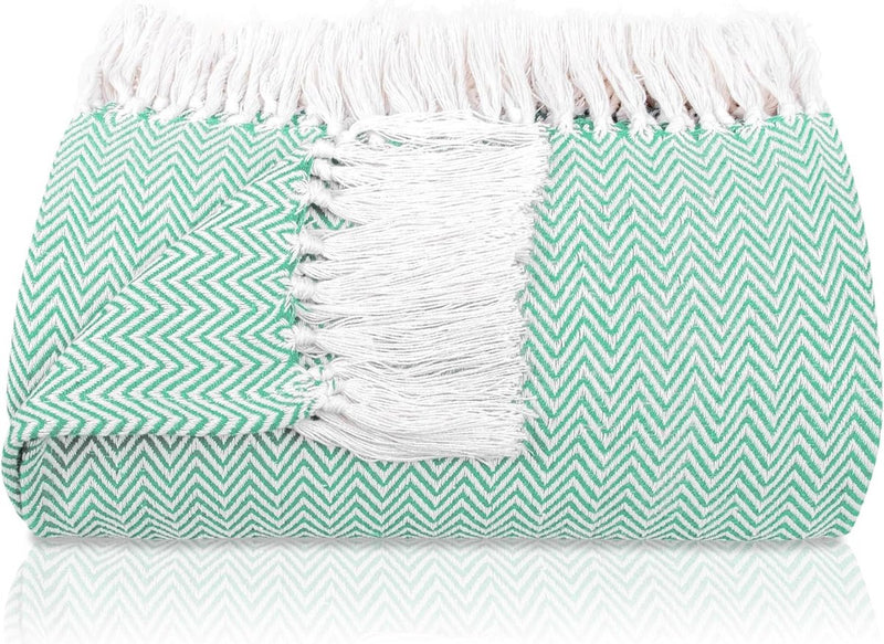 Premium sprei met franjes, 100% katoen, 220 x 240 cm, visgraatpatroon, zomerdeken, katoenen deken als bedsprei, bankdeken, bankdeken (mint)