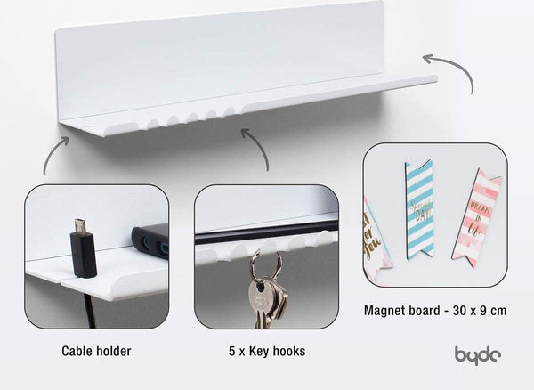 Wandplank 44 x 9 x 9 cm 5 haken en kabelhouder. Hangplank van gepoedercoat plaatstaal. Sleutelrekorganizer en letters voor entree, keuken, kantoor. witte kleur