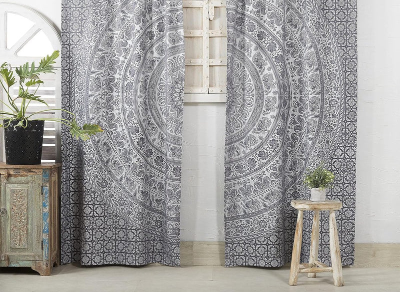 Indian Hippie Gordijn Boheemse Stijl Olifant Mandala Grijs Zilver