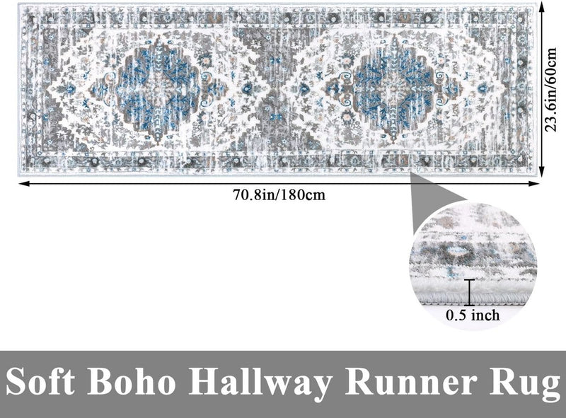 Tapijt Runner Hal Antislip 60 x 180 cm Boho Halkleed Runner Grijs Wasbaar Bedtapijt Slaapkamer Vintage Tapijt Runner Hal Runner Tapijt voor Hal, Keuken, Slaapkamer