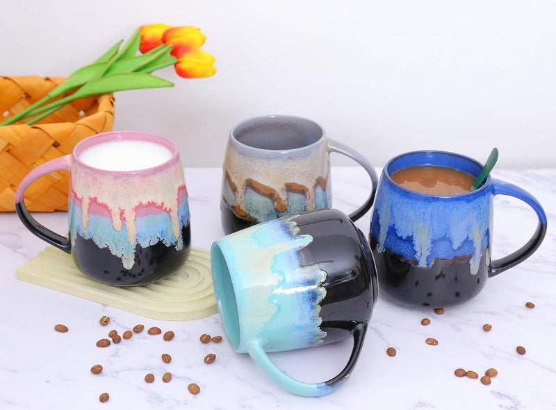 Grote keramische koffiemokken, 600 ml grote theekopjes met handvat, uniek textuurglazuur voor kantoor en thuis, magnetron-, koelkast- en vaatwasmachinebestendig, gemengde kleuren B