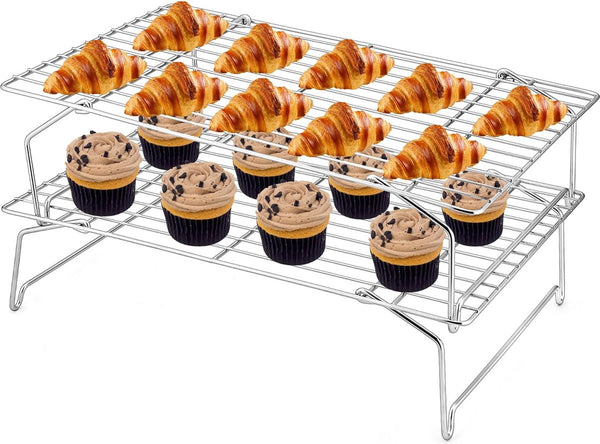 Afkoelrooster, 2 verdiepingen, roestvrij staal, taartrooster, uitkoelrooster, rechthoekig, stapelbaar, bakrooster, koelrooster voor koekjes, brood en pizza, opvouwbaar en stapelbaar,