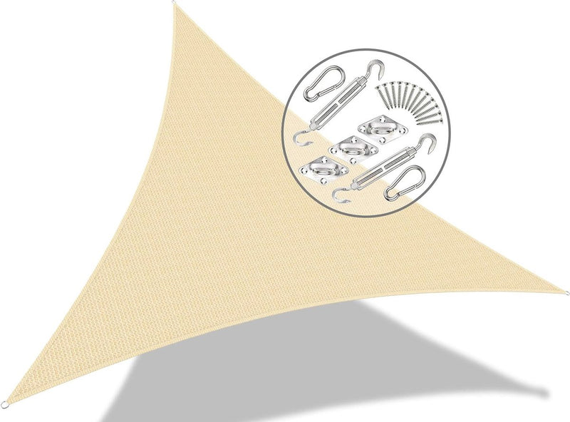 Zonnezeil, driehoekig met bevestigingsset, zonwering, ademend en uv-bescherming, voor balkon, tuin, terras, 5 x 5 x 5 m, ivoor