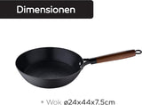 Wokpan met antiaanbaklaag, 24 x 44 x 7,5 cm, van geperst ijzer, ergonomisch handvat van acaciahout, keukengerei, voor alle warmtebronnen