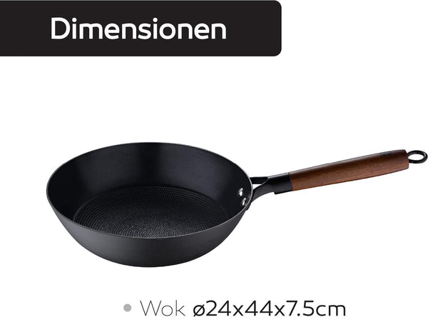 Wokpan met antiaanbaklaag, 24 x 44 x 7,5 cm, van geperst ijzer, ergonomisch handvat van acaciahout, keukengerei, voor alle warmtebronnen