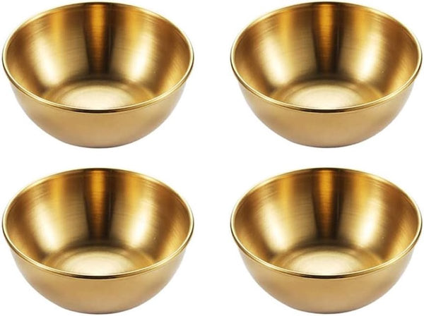 Set van 4 gouden sauskommen, roestvrijstalen minidipkommen, ronde dompelkommen, roestvrijstalen kleine serveerschalen, ronde serveerschalen, roestvrijstalen sauskom, sojasaus, ketchup, kruiden,