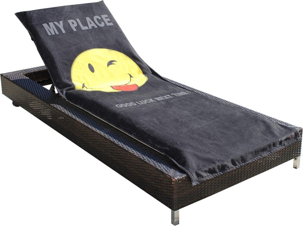 Beschermhoes voor tuinligstoel, strandligkussen, badstof hoes, 55% katoen, 45% polyester, ca. 75 x 200 cm (Smiley Black - Good Luck)