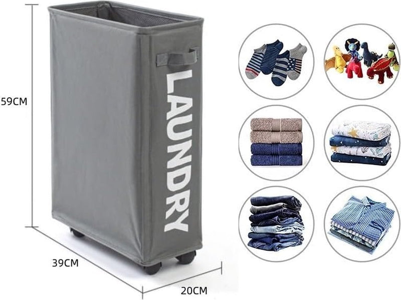 Smalle wasmand, opvouwbaar, met wieltjes, wasverzamelaar, klein op Oxford-stof, wasmanden met handvat, wasbox, vuilwasbak, laundry organizer, grijs, 20 x 39 x 59 cm