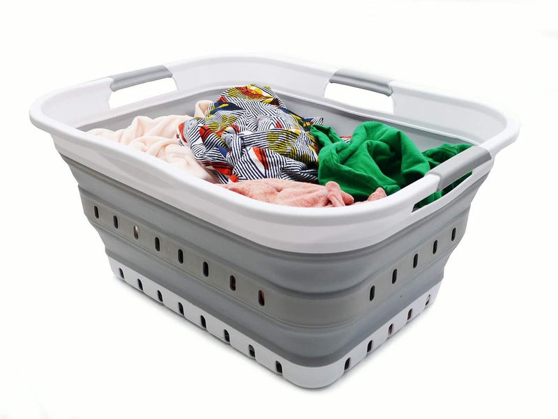 42L opvouwbare plastic wasmand - pop-up opslagcontainer/organizer - draagbaar - ruimtebesparend (1, wit/grijs)
