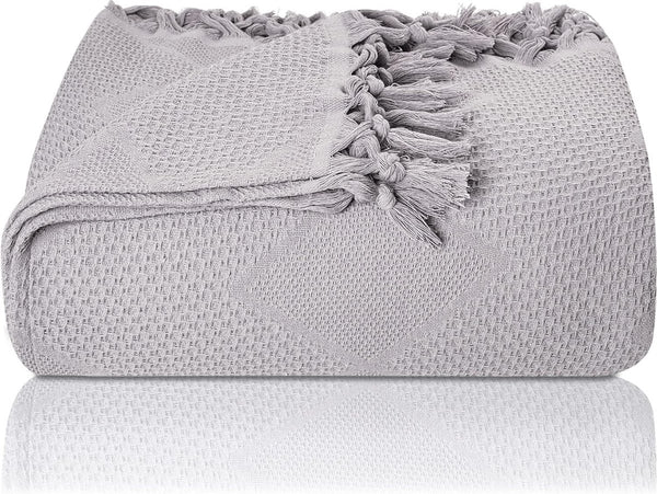 Premium sprei met handgeknoopte franjes, 100% katoen, 150 x 220 cm, wafelpiqué zomerdeken, katoenen deken als bedsprei, banksprei en bankdeken, grijs