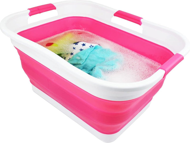 Opvouwbare kunststof wasmand, 30 l, opvouwbaar, pop-up-opbergcontainer/organizer, ruimtebesparende wasmand, watercapaciteit 24 l (wit/roze)