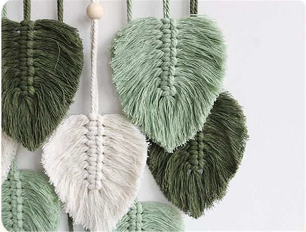 Macramé wandtapijt, boho-decoratie, wandtapijt in boho-stijl met houten kralen en bladeren, wandtapijt, boho, handgemaakt, voor buiten, woonkamer, slaapkamer, binnen, geschenken, 40 80 cm (groen)