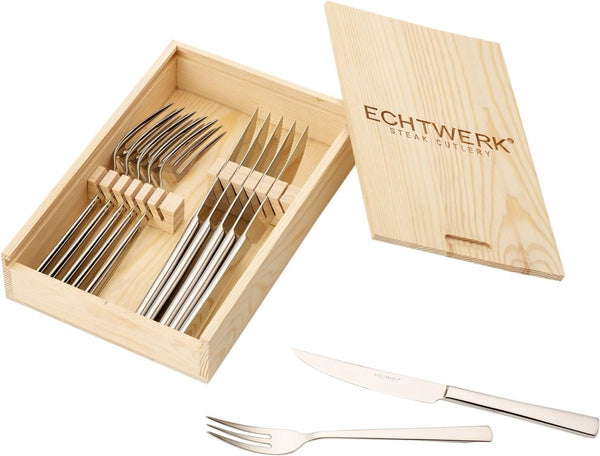 Steakbestek van roestvrij staal 18/10, gepolijst, inclusief houten cassette, 12 eenheden, 25,7 x 16,7 x 7,5 cm