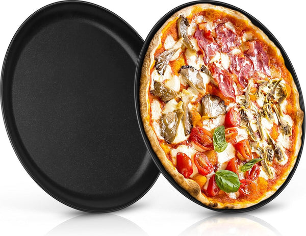 Pizzaplaat, 30 cm, roestvrij staal, ronde pizzavorm, set van 2, pizzabookplaat met antiaanbaklaag voor bakken en serveren, niet giftig en gezond, duurzaam en gemakkelijk te reinigen,
