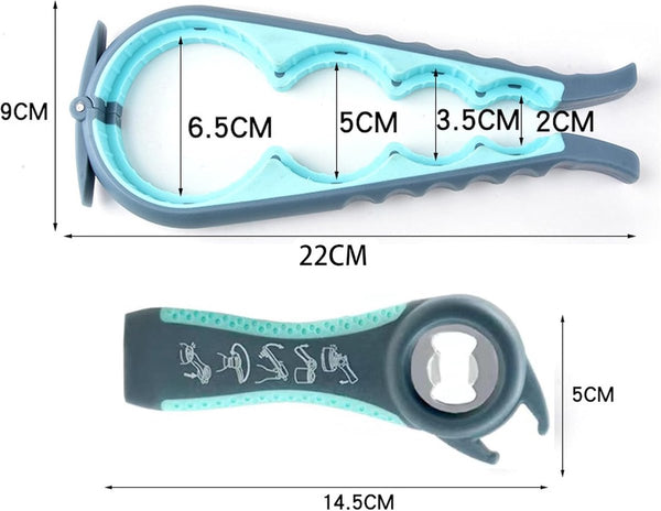 5-delige multifunctionele blikopenerset, 5-in-1 dekselopener, bierflesopener, antislip rubberen potopener (grijs en blauw)