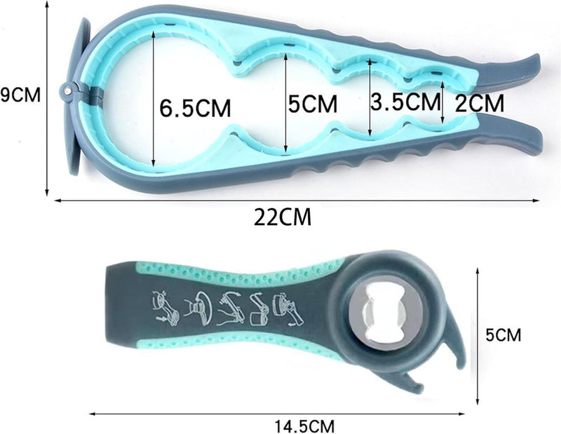 5-delige multifunctionele blikopenerset, 5-in-1 dekselopener, bierflesopener, antislip rubberen potopener (grijs en blauw)