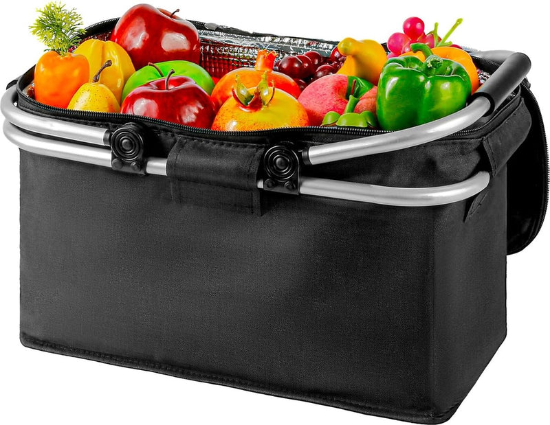 Picknickmand, 18,5 l, opvouwbare boodschappenmand, opvouwbare picknickmand met isolatie, antislip draagbare aluminium handgreep, boodschappenmand voor werk, reizen, winkelen, picknick