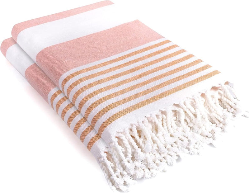 Set van 2 hamamdoeken met handgeknoopte franjes, 100% katoen, XXL strandlaken, 95 x 180 cm, Oeko-Tex 100, grote badstof, saunahanddoek en reishanddoek (koraal)