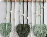 Macramé wandtapijt, boho-decoratie, wandtapijt in boho-stijl met houten kralen en bladeren, wandtapijt, boho, handgemaakt, voor buiten, woonkamer, slaapkamer, binnen, geschenken, 40 80 cm (groen)