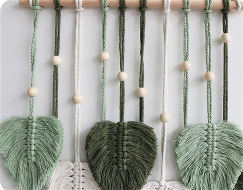 Macramé wandtapijt, boho-decoratie, wandtapijt in boho-stijl met houten kralen en bladeren, wandtapijt, boho, handgemaakt, voor buiten, woonkamer, slaapkamer, binnen, geschenken, 40 80 cm (groen)