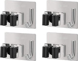 4 stuks mophouders met haken, bezemhouder, muur zelfklevend, roestvrij, zonder boren, tuingereedschapshouder, bezemhouder, voor keuken en badkamer (metallic)