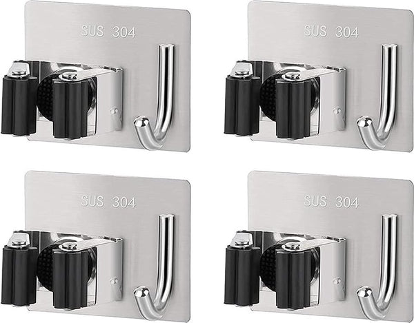 4 stuks mophouders met haken, bezemhouder, muur zelfklevend, roestvrij, zonder boren, tuingereedschapshouder, bezemhouder, voor keuken en badkamer (metallic)
