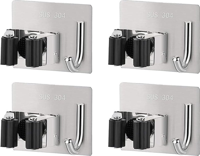 4 stuks mophouders met haken, bezemhouder, muur zelfklevend, roestvrij, zonder boren, tuingereedschapshouder, bezemhouder, voor keuken en badkamer (metallic)