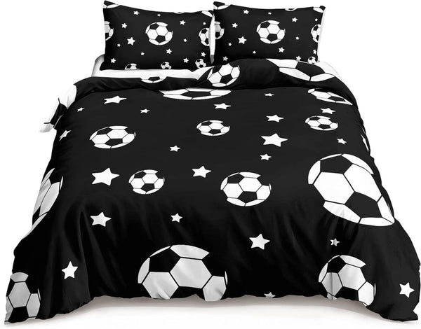 Voetbalbeddengoed, 135 x 200 cm, voor kinderen, jongens, tieners, sportdekbedovertrekset voor eenpersoonsbed, modern bedrukte dekbedovertrekken met ritssluiting en kussensloop van 80 x 80 cm