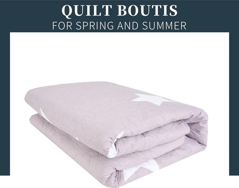 Boutis Spring/Summer Bedspread Two Tone Reversible Star Pattern + 2 Pillow Cases 50 x 70 cm Lightweight Thin Transitional Season Bedspread (Bed 150 cm, 240 x 260 cm)