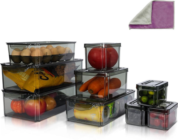Koelkastorganizer, set van 9 stapelbare koelkastorganizer met deksel, doorzichtige opbergdoos, koelkastdozen voor keuken, kast, eetkamer, zwart