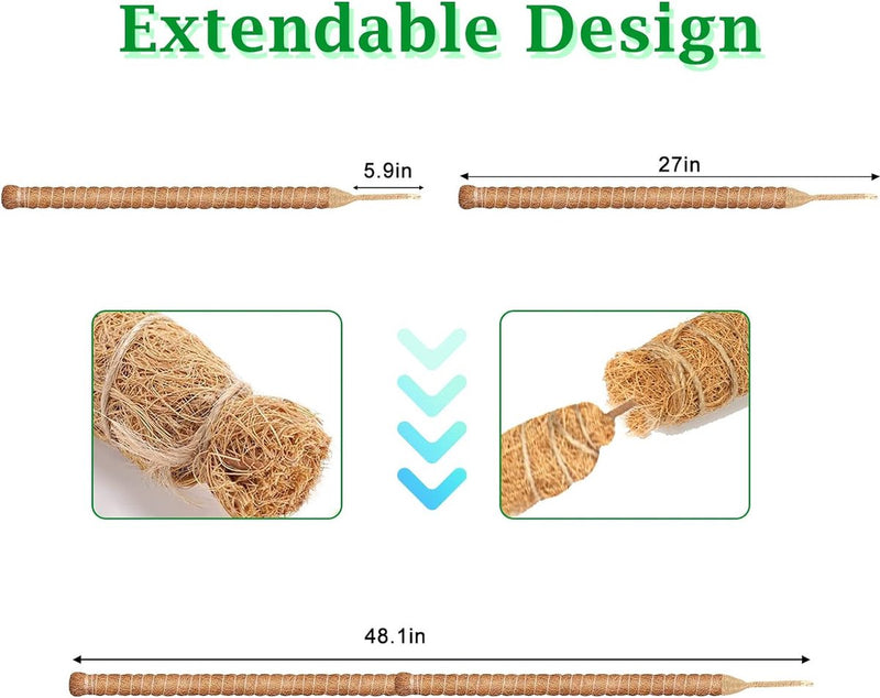 2-delige set plantenstaven, 120 cm, voor Monstera, klimhulp, klimstaven, mosstokken, buigbare plantenstaven, kokosstaven met plantenbinder voor klimplanten, planten, kokosvezel, verlengbaar