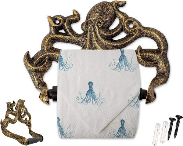 Decoratieve gietijzeren toiletpapierrolhouder Octopus decor voor badkamer Octopus nautische badkameraccessoires inclusief schroeven en pluggen - goud en zwart