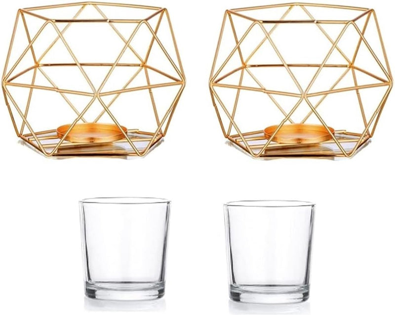 Theelichthouder kaarsenhouder metaal goud - set van 2 geometrische theelichtjes kaarsenstandaard stompkaars windlicht modern geo decoratie voor tafeldecoratie feest bruiloft woonkamer