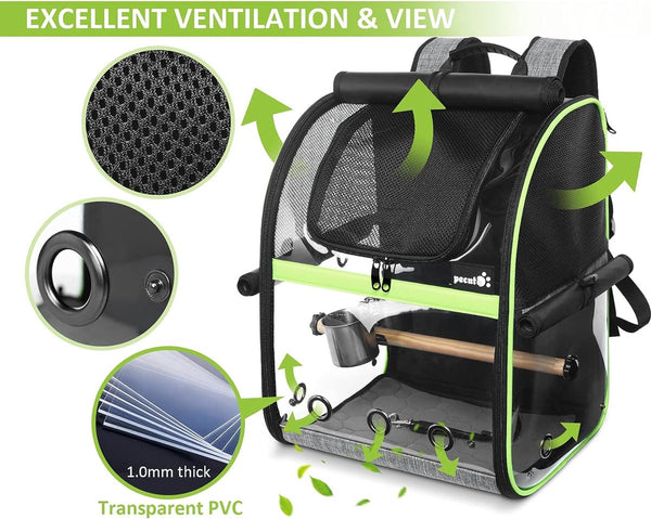 Rugzak voor vogels met houten stok, lichtgewicht vogeltransporttas, waterdichte papegaaienreisrugzak met roestvrijstalen bakje en staande staaf, vogeltransportdoos, 34 x 28 x 43 cm
