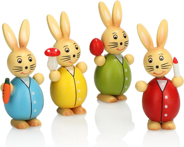 4 x decoratieve paashaas van hout - standaard voor lente en paasdecoratie - houten haas in bonte kleuren - houten figuren voor Pasen (4 x haas kleurrijk)