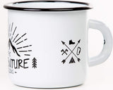 Emaille mok met het gezegde dat het avontuur begint, 330 ml, campingmok, kampeeruitrusting, retro-design, wit