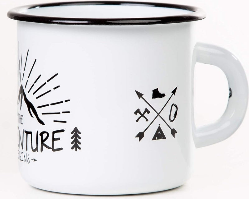 Emaille mok met het gezegde dat het avontuur begint, 330 ml, campingmok, kampeeruitrusting, retro-design, wit